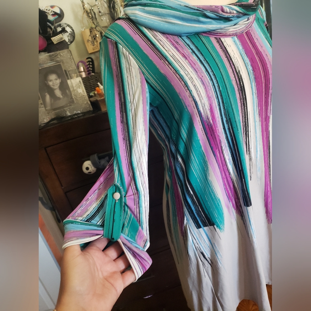 Alfani Teal, Purple & White Striped Cowl Neck Tunic - Picture 3 of 7